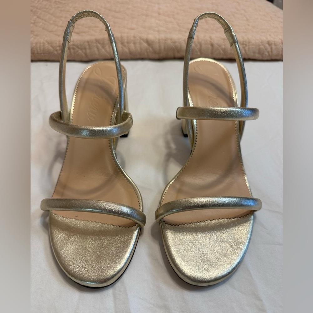 Lucie slingback block-heel sandals in metallic leather